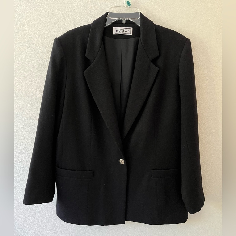 Dumas 100% Pure Wool Made in USA Black Blazer Petite 12 EUC